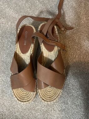 Gianni Bini Tan Leather Crisscross Espadrille Wedges